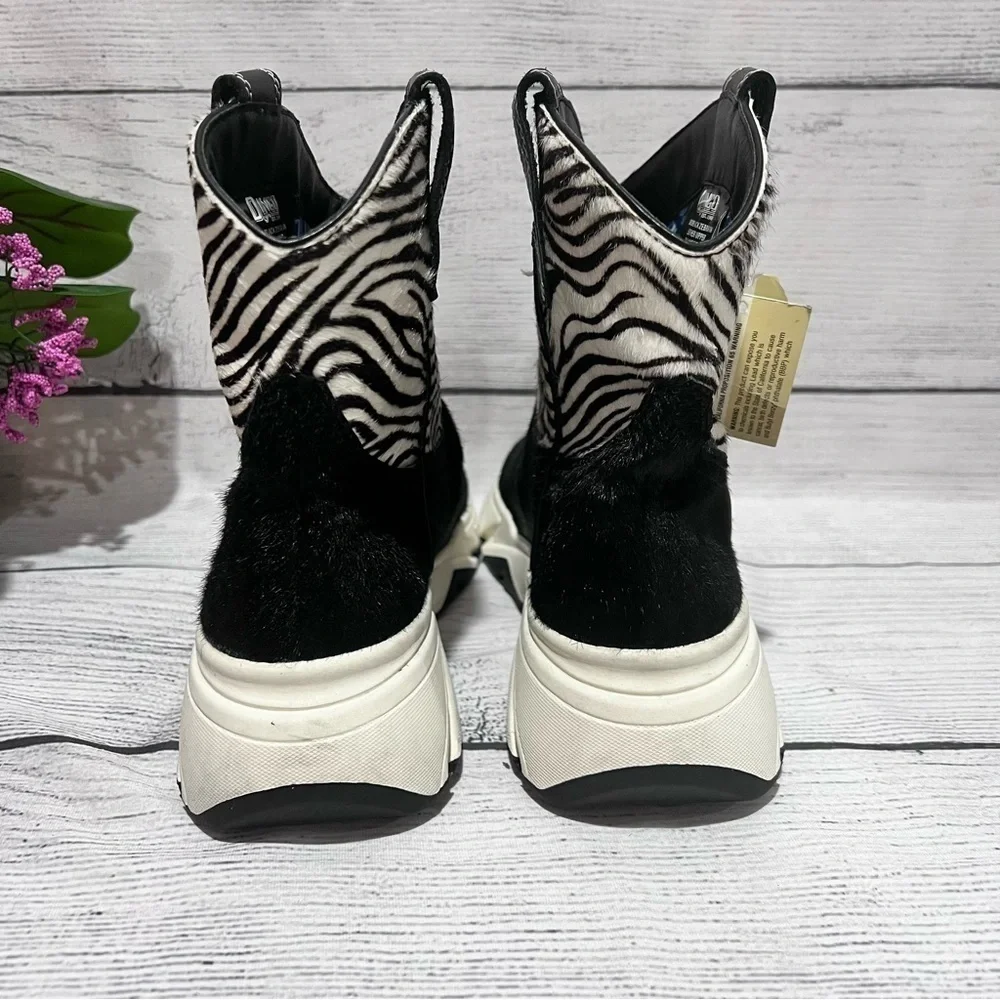 DINGO Safari Zebra Calf Hair Leather Pull on Ankle Boots Sneaker Women Size 9M